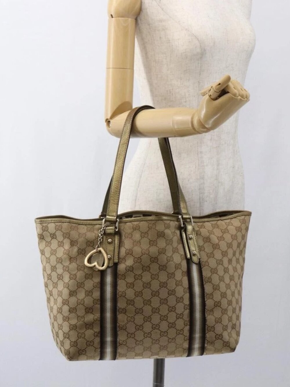 GUCCI GG Canvas Sherry Line Tote Bag Beige Gold